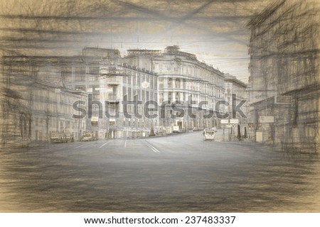 Pencil sketch is future pictures. Tverskaya street is in city Moscow