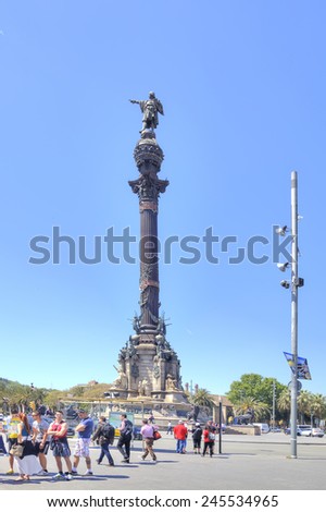 SPAIN, BARCELONA - May 5.2014: Christopher Columbus monument built in 1888 for the World Exhibition in Barcelona