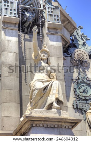 SPAIN, BARCELONA - May 5.2014: Christopher Columbus monument built in 1888 for the World Exhibition in Barcelona. Pedestal with sculptures