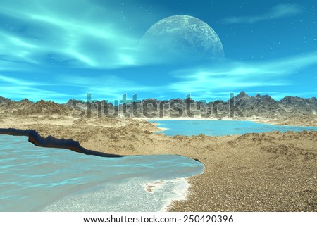 Alien Planet - 3D Rendered Computer Artwork. Rocks and  lake