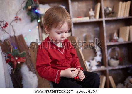 boy five years in anticipation of the holiday, sitting near the Christmas tree, holding a bunch of red berries