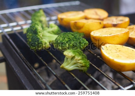 lemons, broccoli, grilled