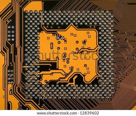 There is yellow computer microscheme with electrical ways