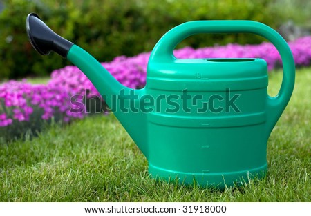 Sprinkler on the grass near purple flowers