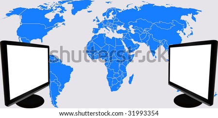 Two lcd monitors with white spaces on blue global map background