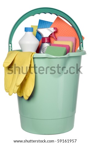 Bucket filled with cleaning industry tools, clean service