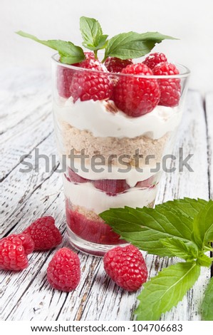 raspberry and mint in a glass, red raspberry and green mint, yummy desert