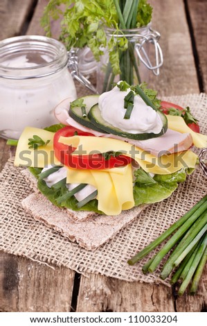 crispy bread sandwiches with organic vegetable and cheese, healthy eating food,
