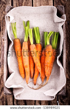 freshly clean washed carrots in a wooden box, ready to cook, bird`s-eye view