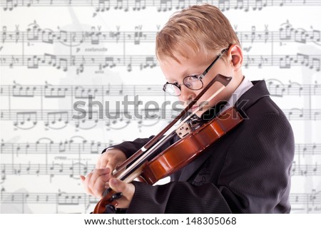 child is playing his violin with music notes in background