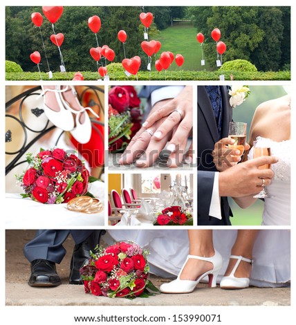 Just Married, Wedding Theme Collage Composed Of Different Images, Red Is The Color