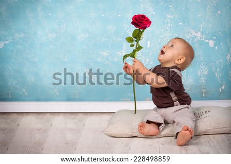 cute Little Baby Boy giving away a red rose - valentine's day concept