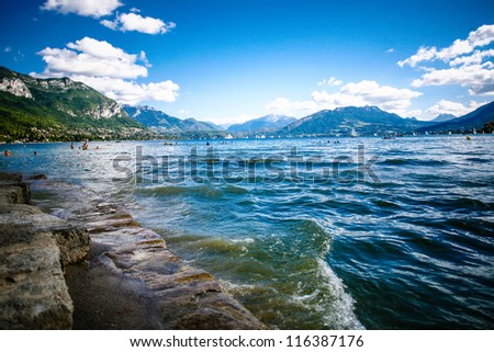 Beautiful view of Lake  Annecy in French Alps, on a summer day. Haute Savoie. French Alps. France.