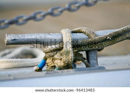close up picture of a cleat and rope on a boat, a motorboat moored at ham in middlesex UK