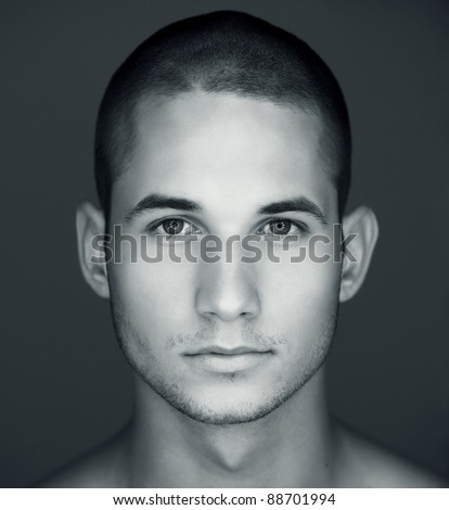 Young man's face in black and white