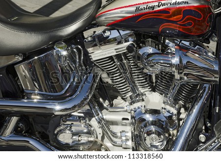 VALLADOLID, SPAIN - SEPTEMBER 2, 2012: Engine block of a Harley Davidson  Scream Eagle 103 motorcycle  at a meeting of vintage cars in Valladolid, Spain on September 2, 2012