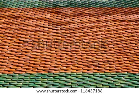 tiled roof of buddhist thai temple, Thailand