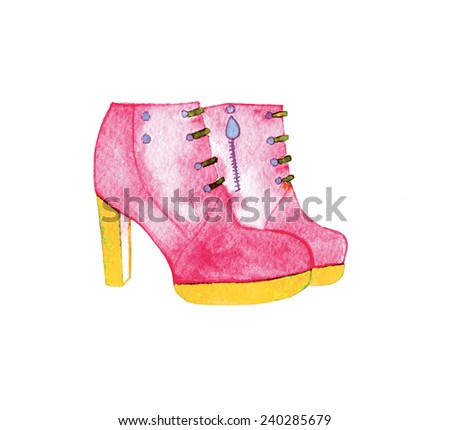 Watercolor shoes and abstract flowers. Hand painted drawing. Fashion