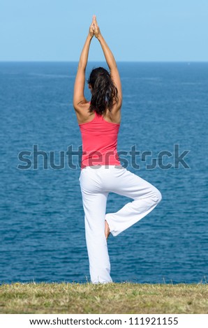 Woman doing yoga equilibrium on grass towards the sea. Young woman doing tree pose exercising toward the sea.