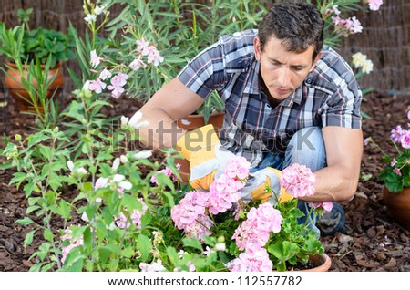 Man pruning flowers and gardening. Male home gardener leisure. Caucasian young model and plants.