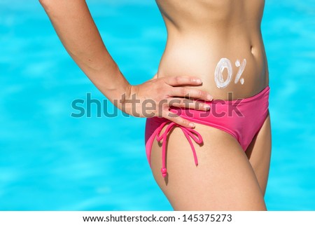Fit, loose weight and body fat concept. Sexy woman after slimming for summer. Female perfect belly with zero percent cream painting. .