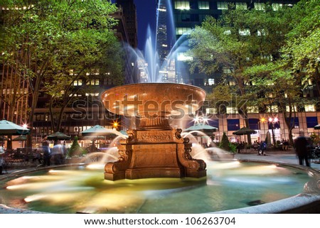 Fountain Bryant Park New York City Apartment Buildings Night Faces blurred trademarks removed
