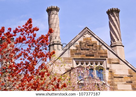 Yale University Sterling Law Building Ornate Victorian Towers Red Leaves New Haven Connecticut