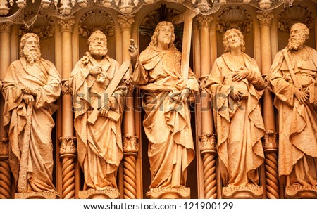Jesus Christ Disciples St. Peter St. John Statues Monestir Monastery of Montserrat, Barcelona, Catalonia, Spain  Founded in 9th Century, destroyed in 1811 when French invaded Spain. Rebuilt in 1844