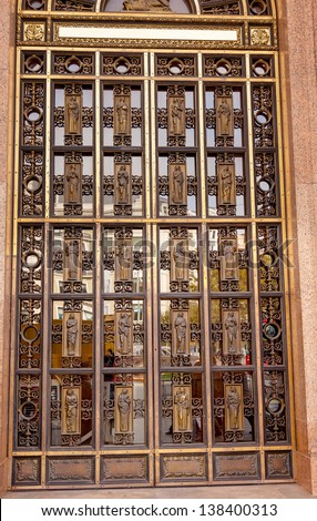 Metal Brass Door Entrance Professional Building Doctors Lawyers Different Symbols Barcelona Catalonia Spain.