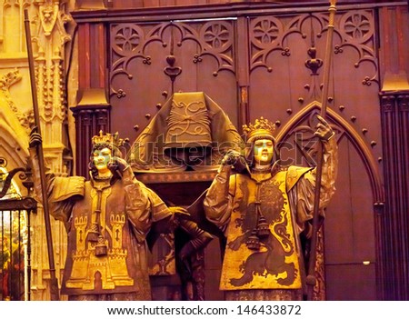 SEVILLE, SPAIN--OCTOBER 20, 2012 Christopher Columbus Crypt and Statues in Seville Cathedral, Cathedral Saint Mary See, Seville, Andalusia Spain on October 20, 2012.  DNA Testing proves Columbus crypt
