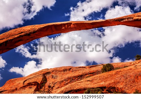 Landscape Arch Close Up Rock Canyon Devils Garden Blue Sky Arches National Park Moab Utah USA Southwest. Longest and thinnest arch in the world.
