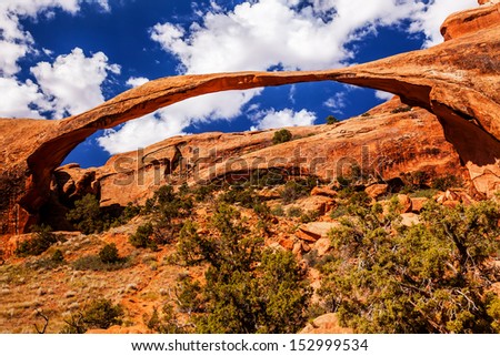 Landscape Arch Blue Skies Rock Canyon Abstract Devils Garden Arches National Park Moab Utah USA Southwest. Longest and thinnest arch in the world.