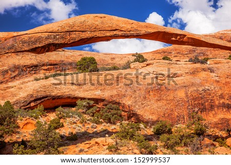 Landscape Arch Close Up Blue Sky Rock Canyon Abstract Devils Garden Arches National Park Moab Utah USA Southwest. Longest and thinnest arch in the world.