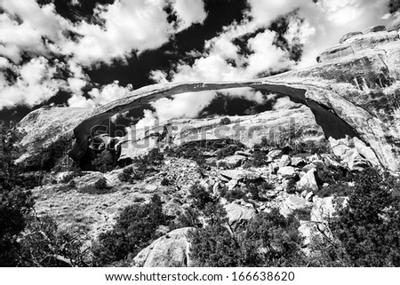 Landscape Arch Black White Rock Canyon Abstract Devils Garden Arches National Park Moab Utah USA Southwest. Longest and thinnest arch in the world.