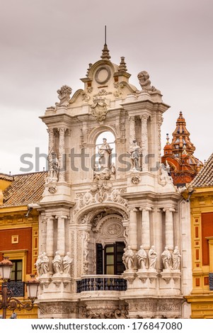 Palace of San Telmo Andalusian President Office St James Statues Seville Andalusia Spain.  Built in 1682.