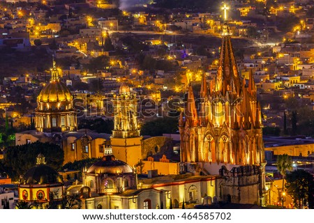 San Miguel de Allende, Mexico, Miramar Overlook Night Parroquia Archangel Church Close Up, Churches Houses