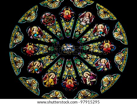 Rose Stained Glass Window St Peter and Paul Catholic Church Completed 1924 San Francisco California  Stained Glass Represents Lamb of God before God Throne Surrounded by 12 Tribes Israel/Apostles