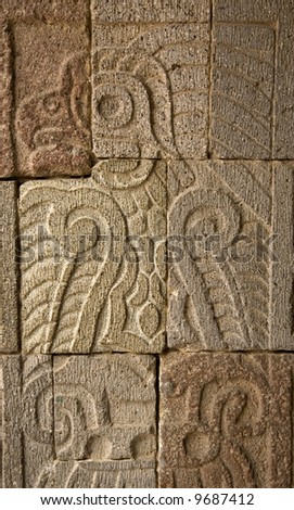 Ancient Wall Carving, Indian Ruins at Teotihuacan Mexico.  Palace of Quetzalpapaloti.  This is the image of the Quetzal-mariposa, a mythical bird butterfly
