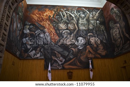 Mural by Jose Clemente Orozco in classroom in the University of Guadalajara, Mexico.  Orozco died in 1939.