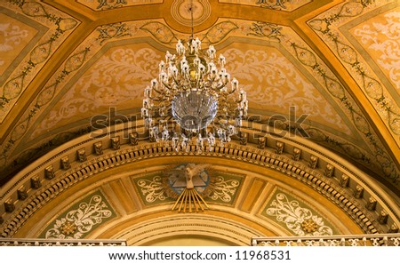 Crystal Chandelier, Dove of Peace, Yellow Ceiling, Basilica of Our Lady of Guanajuato, Basilica de Nuestra Senora Guanajuato, Mexico