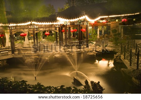 Red Lanterns Fountains Temple of the Sun Beijing, China Night Shot