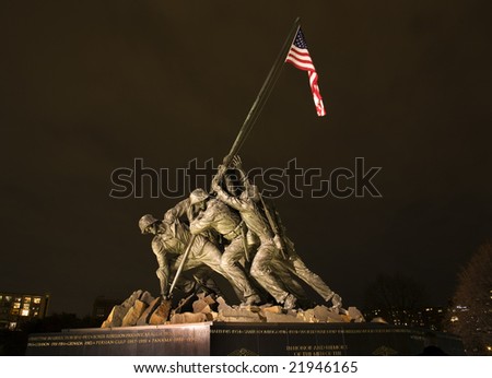The Marine Corps War Memorial Shows the Raising of the Flag at Iwo Jima in World War II  Washington DC  Statue finished in 1954