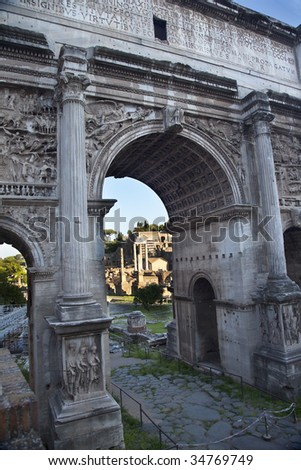 Details Arch of Septemus Severus Forum Rome Italy Stone arch was built in the memory of Emperor Septemus Severus, who reigned from 193-211AD, and his sons