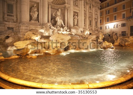 Trevi Fountain , Fontana de Trevi, Close Up, Night, Pool,  Neptune Statues, Rome Italy Legend has it that whoever throws money into the fountain will return to Rome