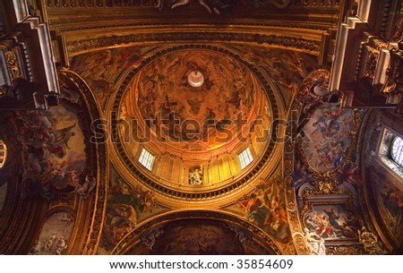Chiesa del Gesu Church, Golden Baroque Dome and Paintings and Ceiling, Built in Late 16th Century by the Jesuits Rome Italy Built in 1568-1584 Saint Ignatius Loyola