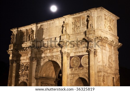 Constantine Arch Close Moon Rome Italy Stone arch was built in the year 315 to celebrate Constantine\'s victory in 312 over co-emperor Maxenntius at Milvian Bridge.