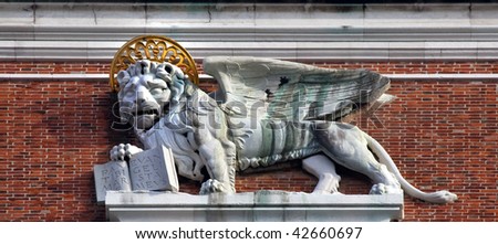 Campanile Bell Tower Saint Mark\'s Winged Lion Statue Close Up Venice Italy