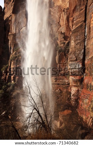 Falling Water Behind Weeping Rock Waterfall Red Rock Wall Zion Canyon National Park Utah Southwest