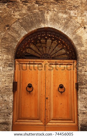 Ancient White Oak Door Doorway Medieval Stone Town San Gimignano Tuscany Italy