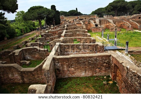 Ancient Roman Ruins Ostia Antica Ruins Rome Italy Excavation of Ostia, ancient Roman port, next to airport.  Was port for Rome until 5th Century AD.